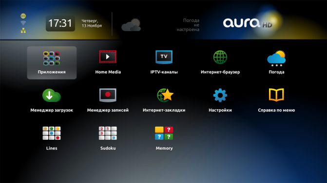 Iptv приставка Aura HD Plus меню